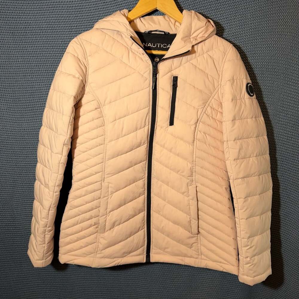 Nautica Puffer Jacket Pink Hooded Quilted Full Zip Coat